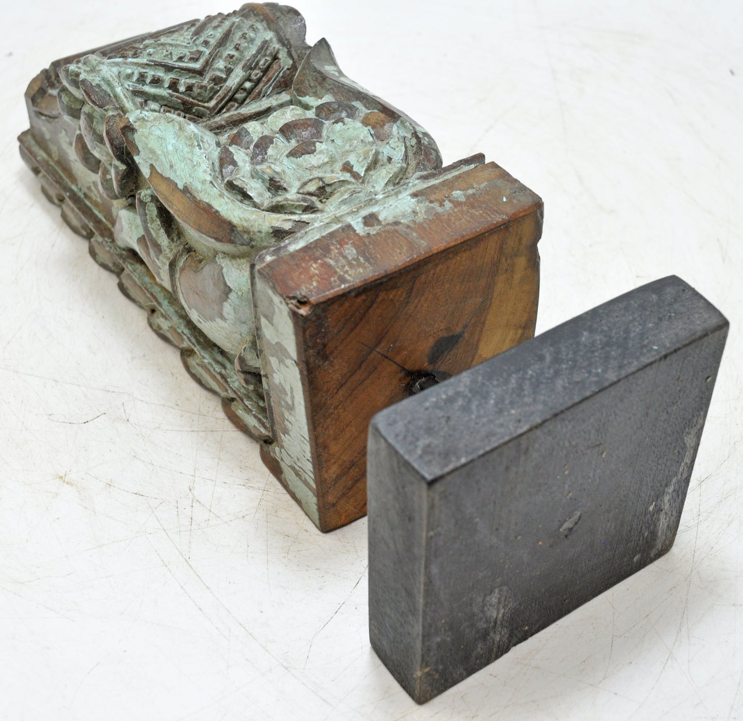 Antique Wooden Bracket Carving on Stand Original Old Fine Hand Carved Rustic Painted