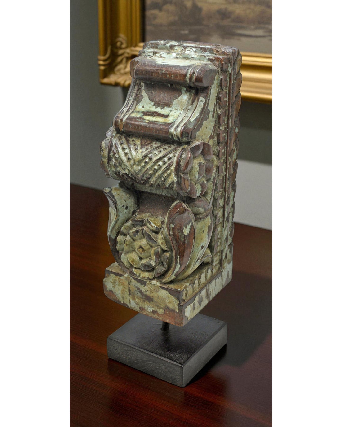 Antique Wooden Bracket Carving on Stand Original Old Fine Hand Carved Rustic Painted