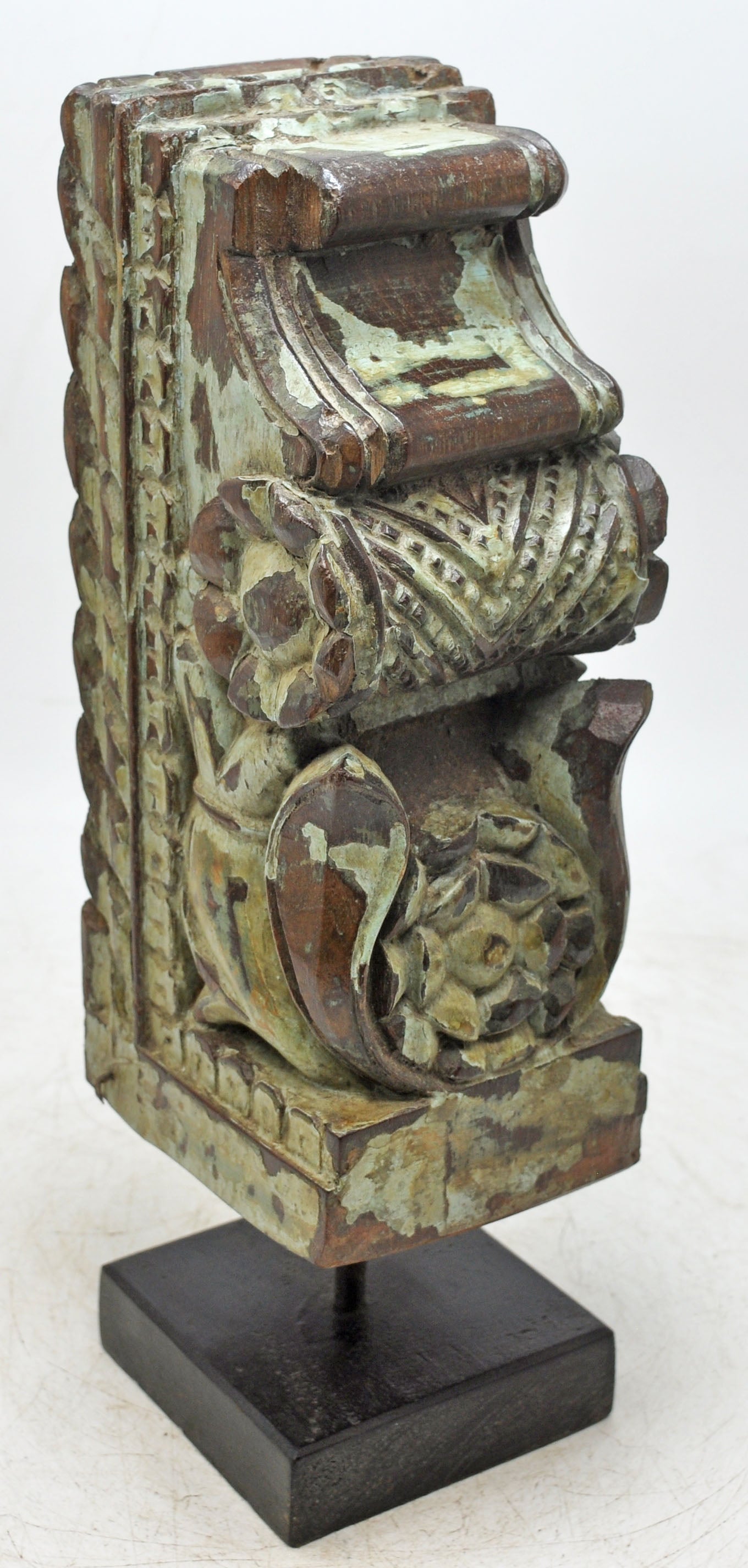 Antique Wooden Bracket Carving on Stand Original Old Fine Hand Carved Rustic Painted