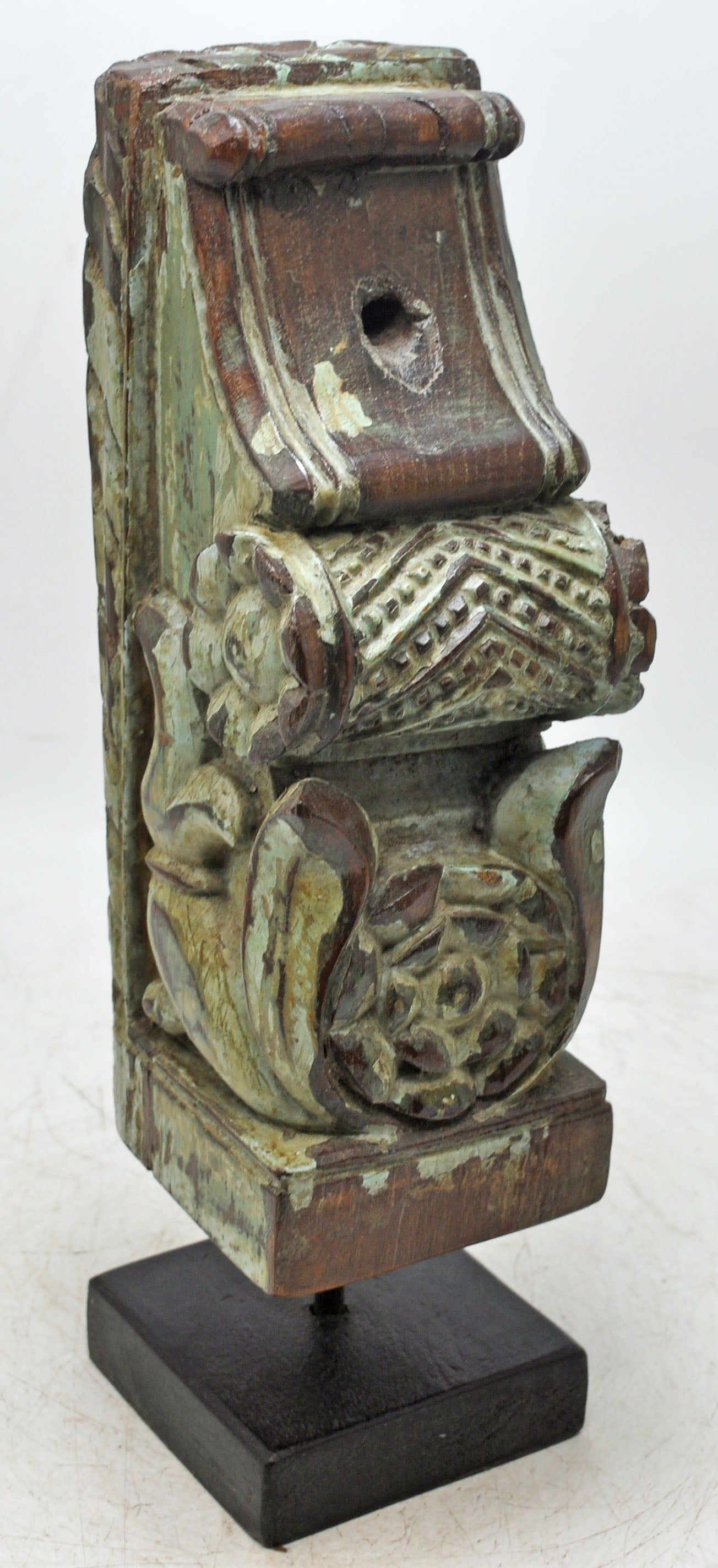 Antique Wooden Bracket Carving on Stand Original Old Fine Hand Carved Rustic Painted