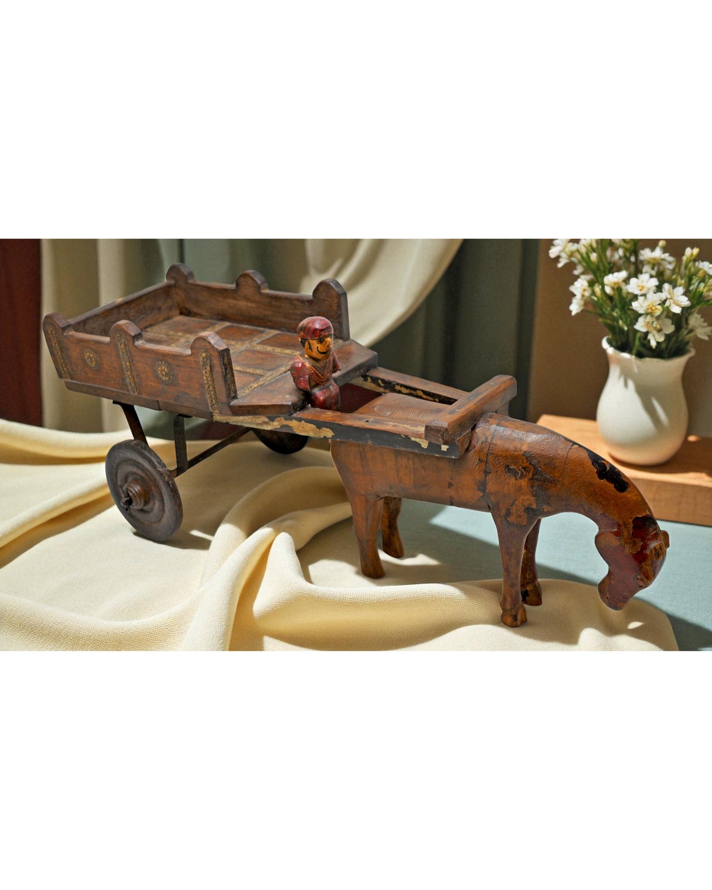 Vintage Wooden Horse With Cart Figurine Original Old Fine Hand Carved