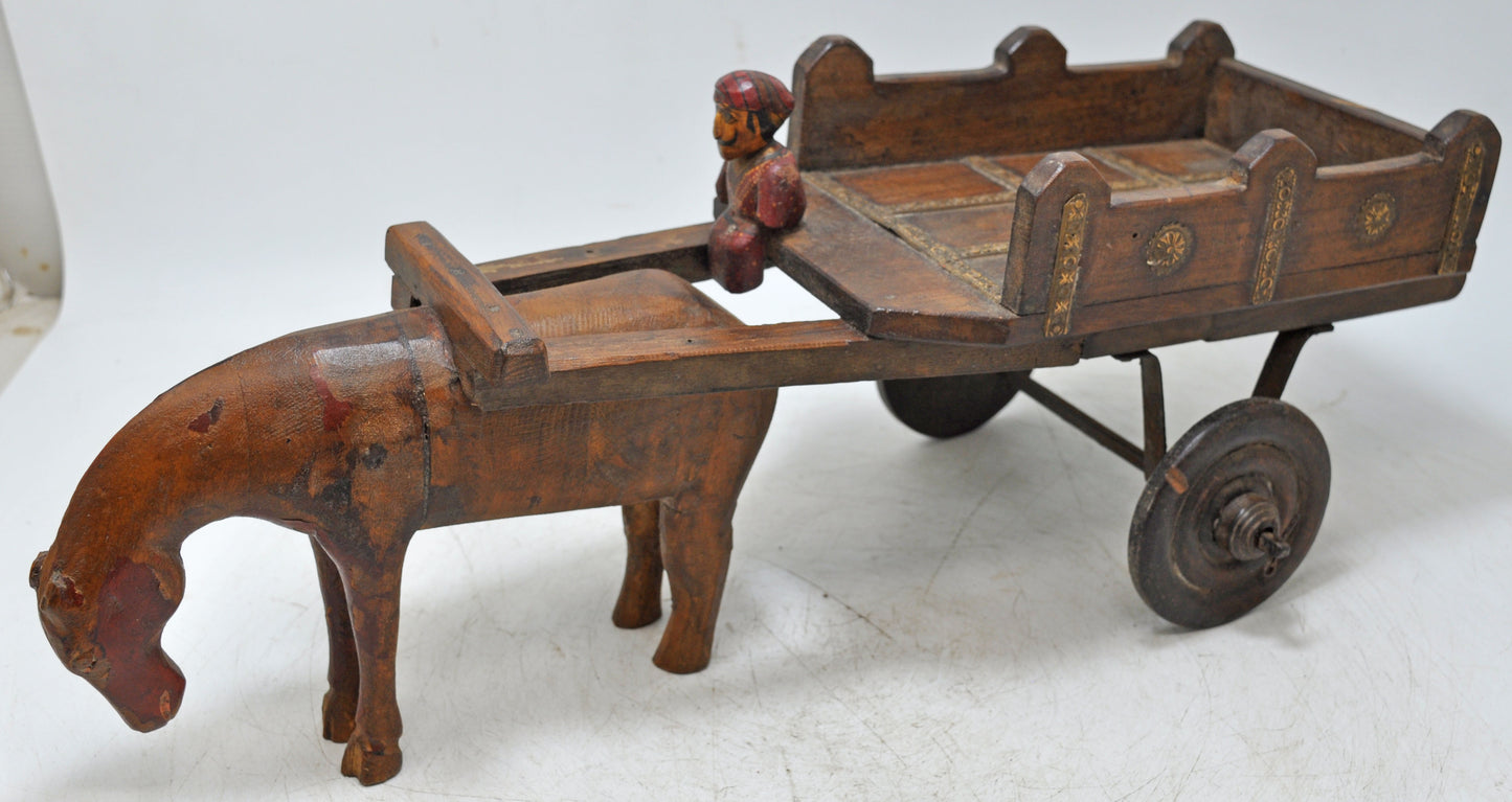 Vintage Wooden Horse With Cart Figurine Original Old Fine Hand Carved