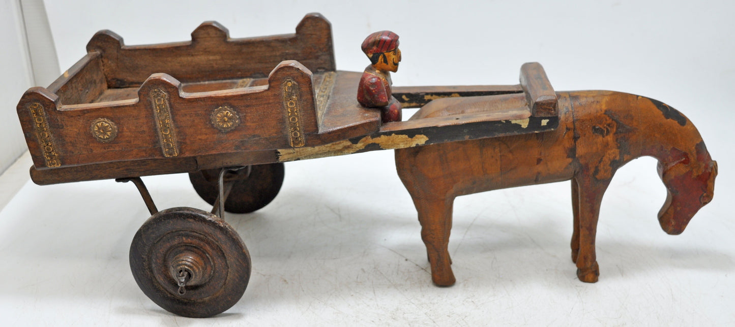 Vintage Wooden Horse With Cart Figurine Original Old Fine Hand Carved
