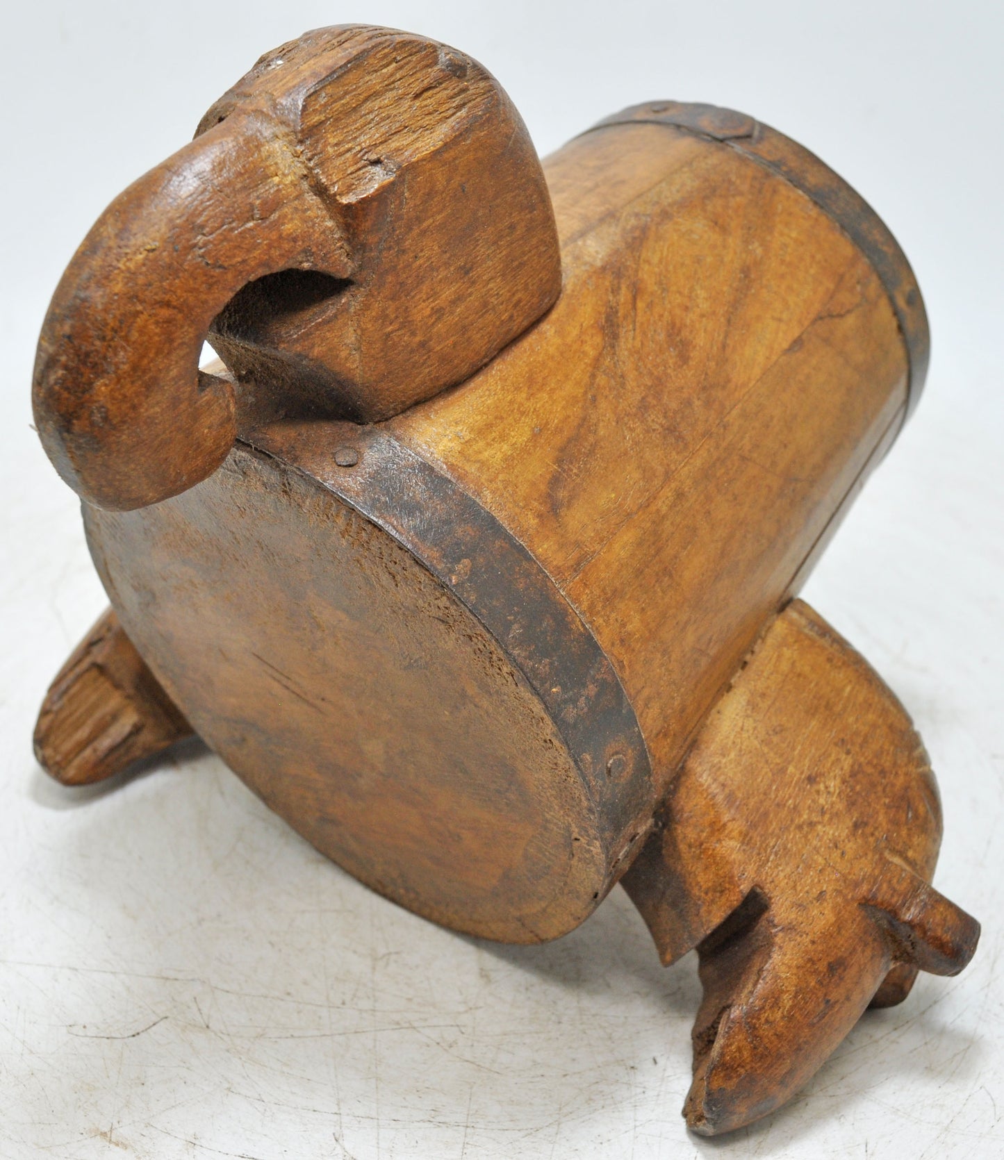 Vintage Wooden Small Round Pot Elephant Figures Original Old Hand Carved