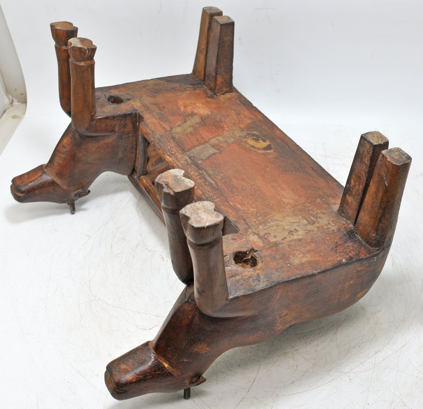 Antique Wooden 2 Cows Storage Chest Box Original Old Hand Carved