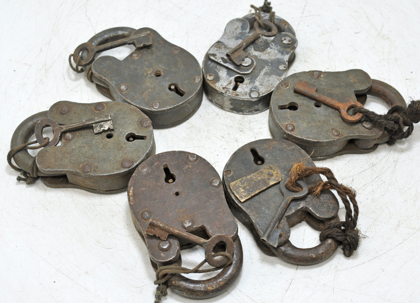 Lot of 6 Antique Iron Pad Locks Original Old Hand Crafted Working With Keys