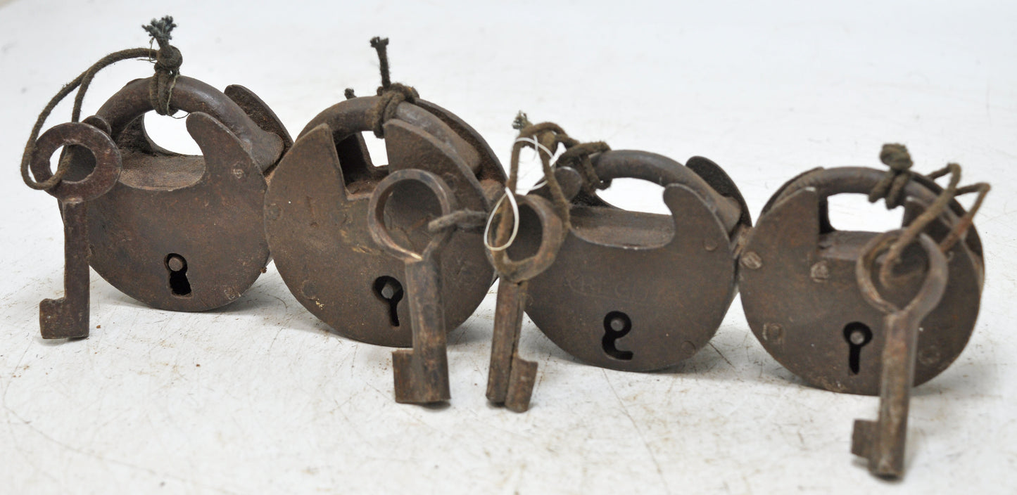 Lot of 4 Antique Iron Round Pad Locks Original Old Hand Crafted Engraved