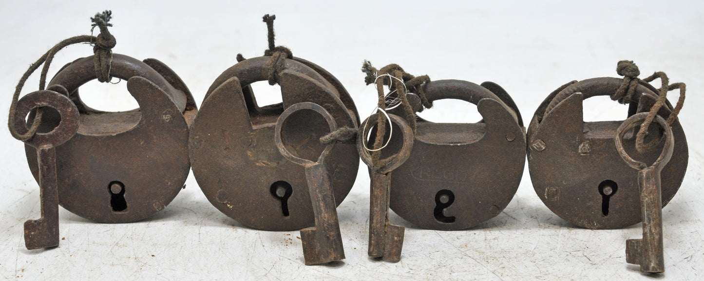Lot of 4 Antique Iron Round Pad Locks Original Old Hand Crafted Engraved