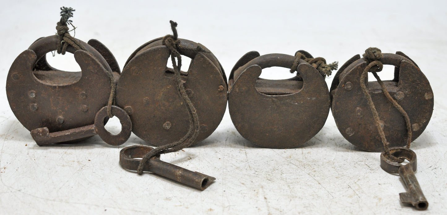 Lot of 4 Antique Iron Round Pad Locks Original Old Hand Crafted Engraved