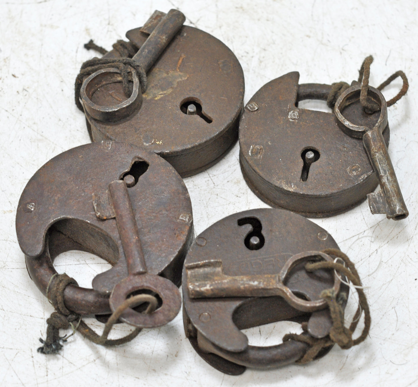 Lot of 4 Antique Iron Round Pad Locks Original Old Hand Crafted Engraved