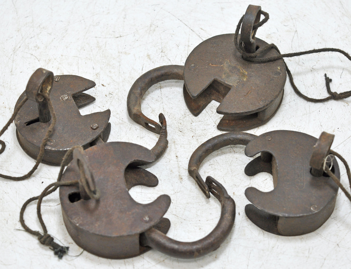 Lot of 4 Antique Iron Round Pad Locks Original Old Hand Crafted Engraved