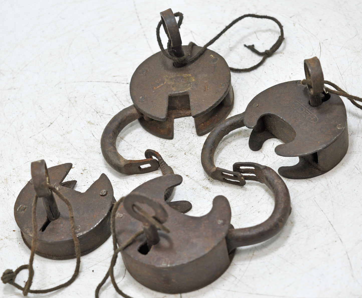 Lot of 4 Antique Iron Round Pad Locks Original Old Hand Crafted Engraved