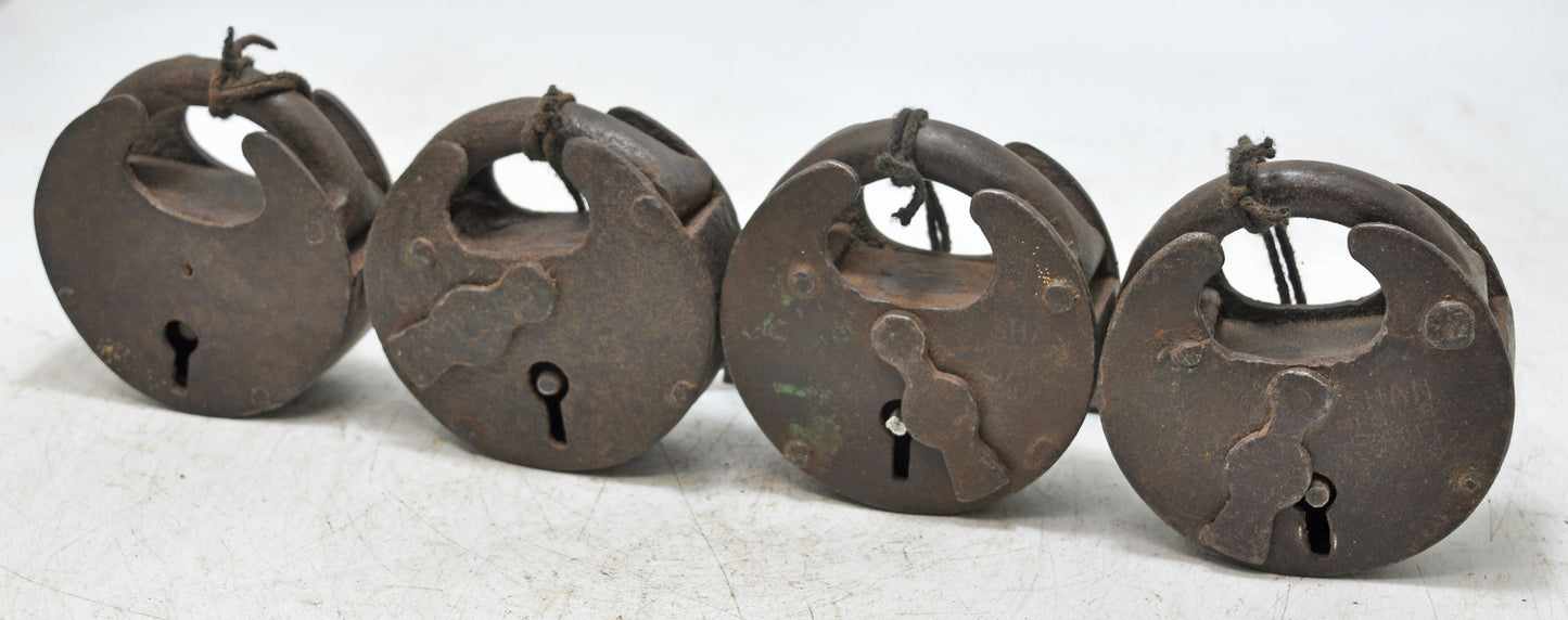 Lot of 4 Antique Iron Round Pad Locks Original Old Hand Crafted Engraved