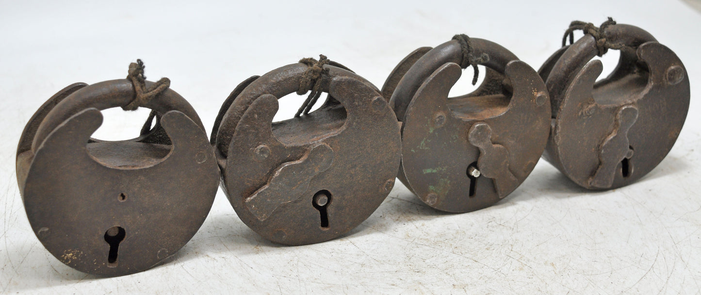 Lot of 4 Antique Iron Round Pad Locks Original Old Hand Crafted Engraved