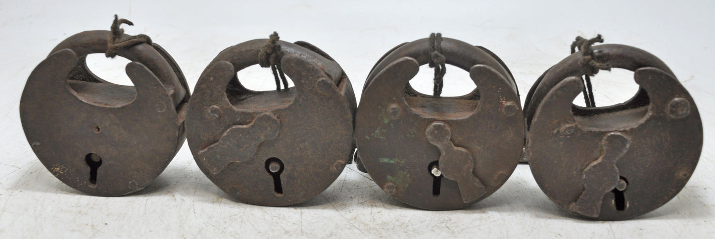 Lot of 4 Antique Iron Round Pad Locks Original Old Hand Crafted Engraved