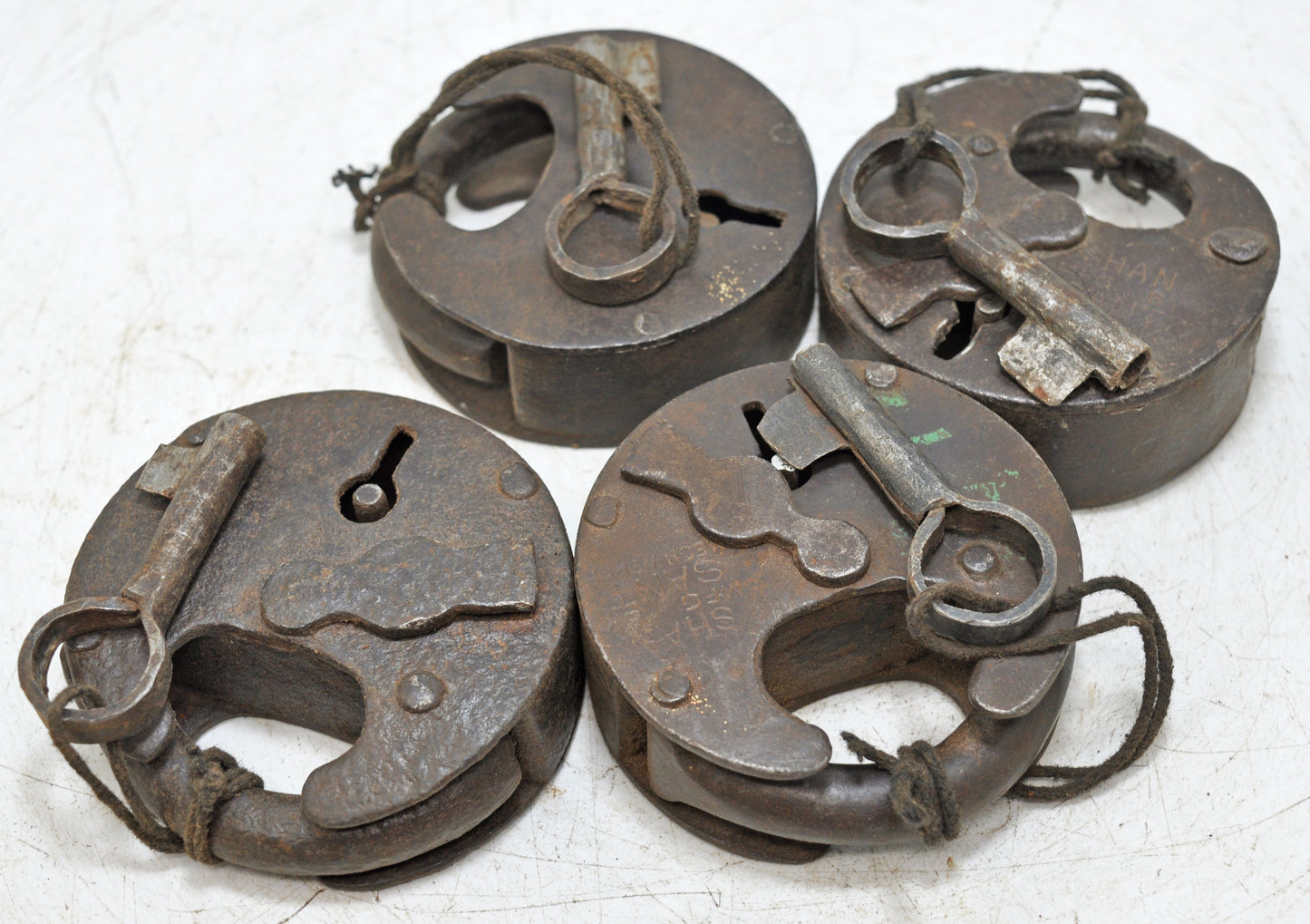Lot of 4 Antique Iron Round Pad Locks Original Old Hand Crafted Engraved