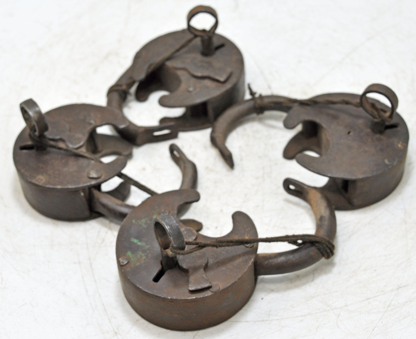 Lot of 4 Antique Iron Round Pad Locks Original Old Hand Crafted Engraved