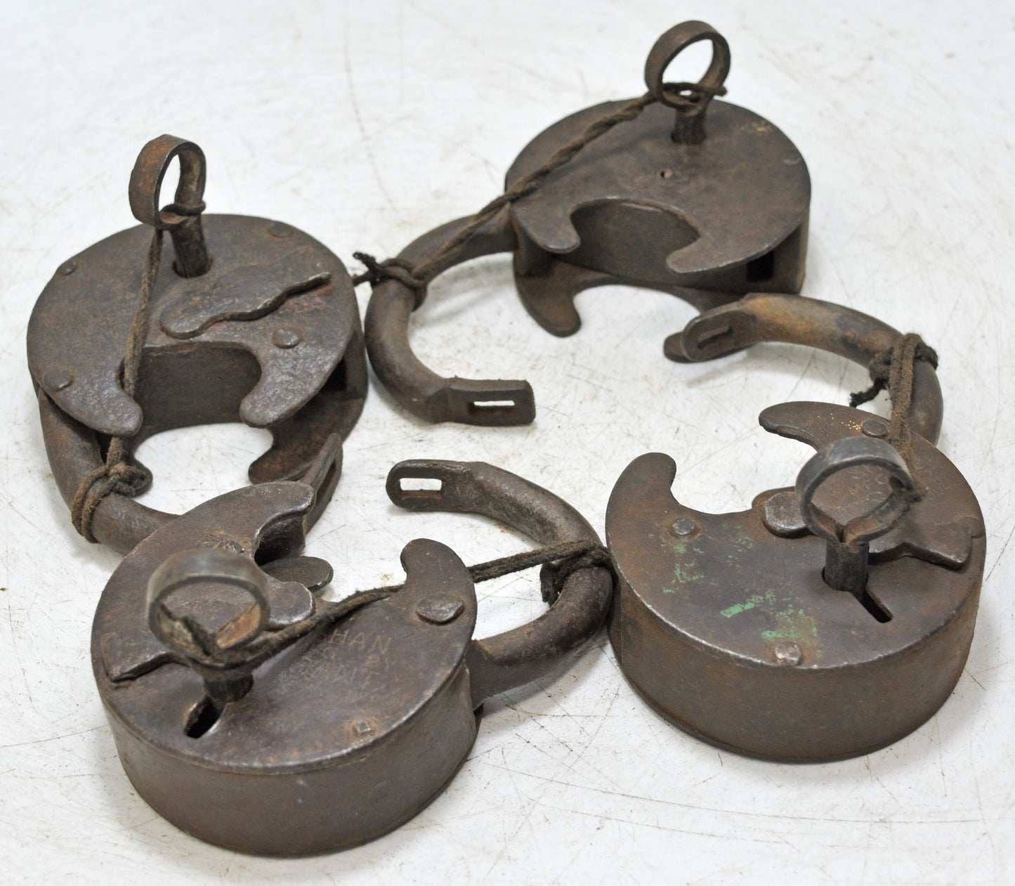 Lot of 4 Antique Iron Round Pad Locks Original Old Hand Crafted Engraved