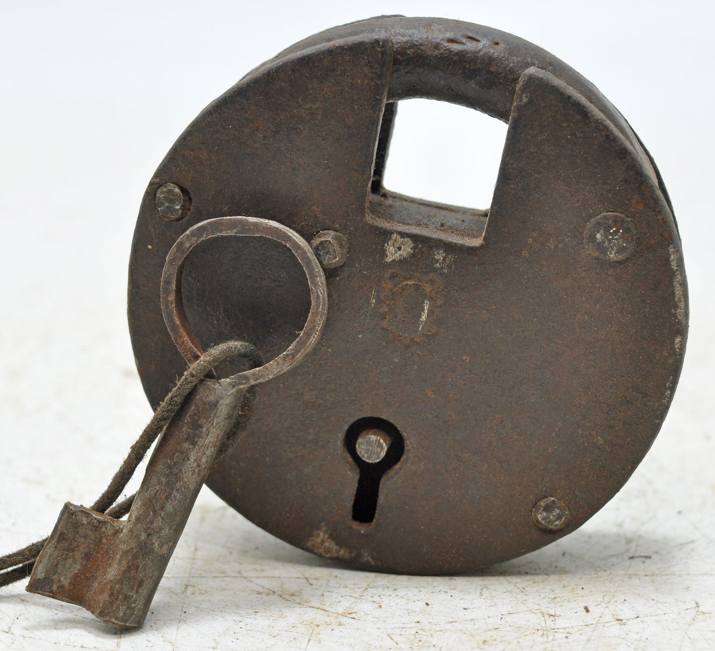 Antique Iron Round Pad Lock with Key Original Old Hand Crafted Engraved Working