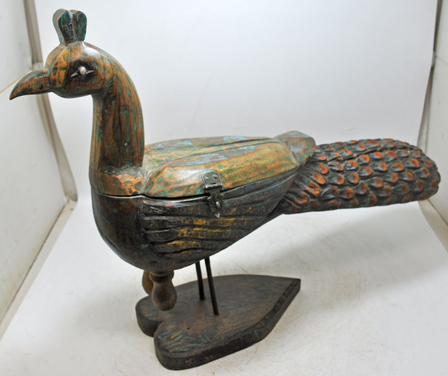 Antique Wooden Large Peacock Figurine Spice Box Original Old Very Fine Hand Carved