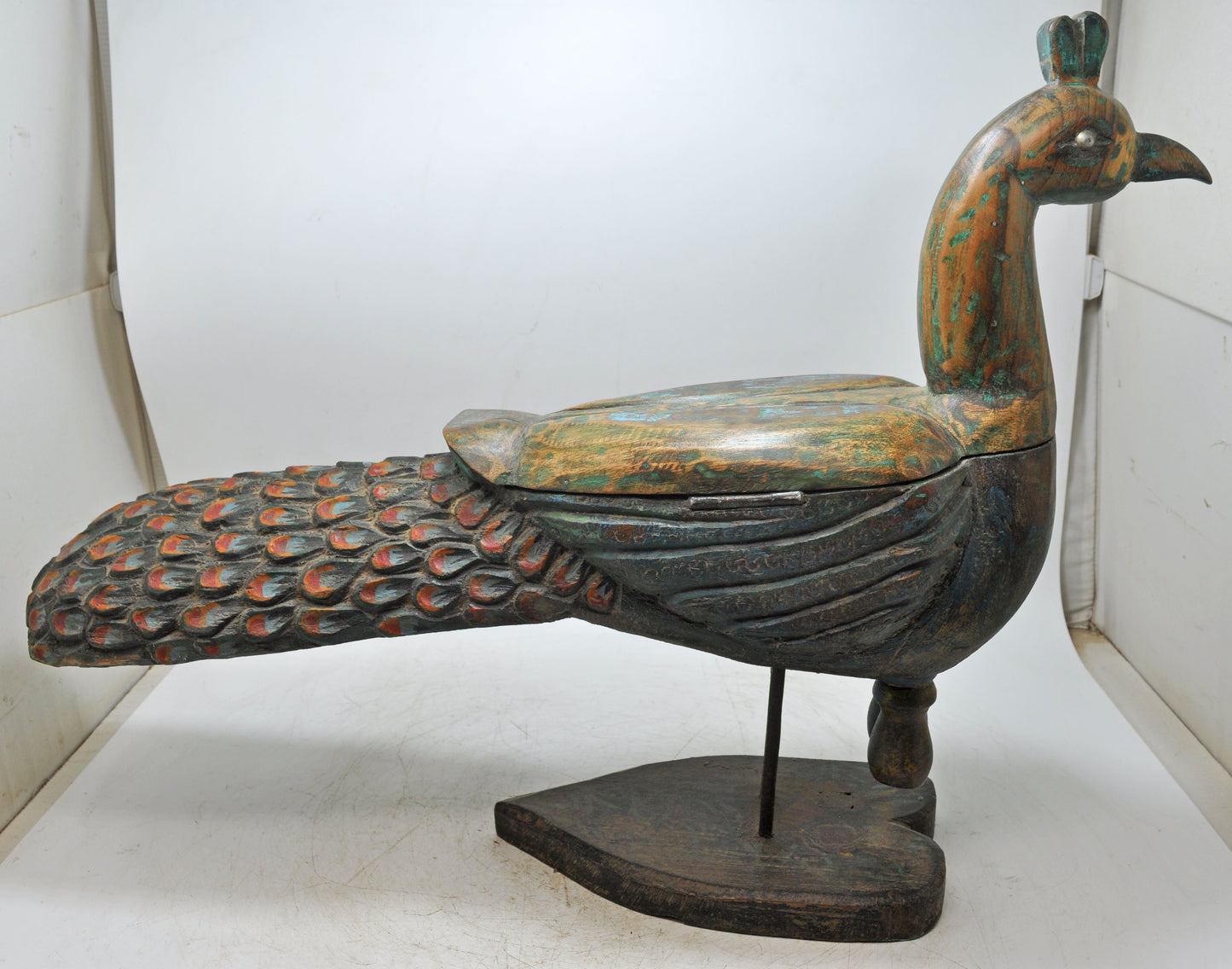 Antique Wooden Large Peacock Figurine Spice Box Original Old Very Fine Hand Carved