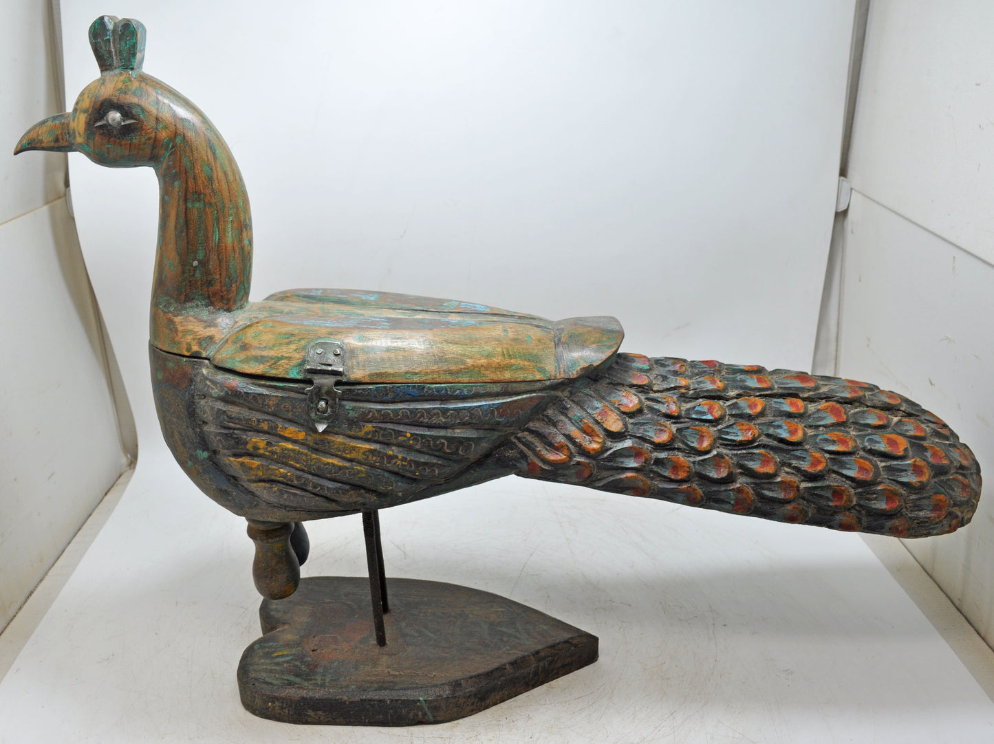 Antique Wooden Large Peacock Figurine Spice Box Original Old Very Fine Hand Carved