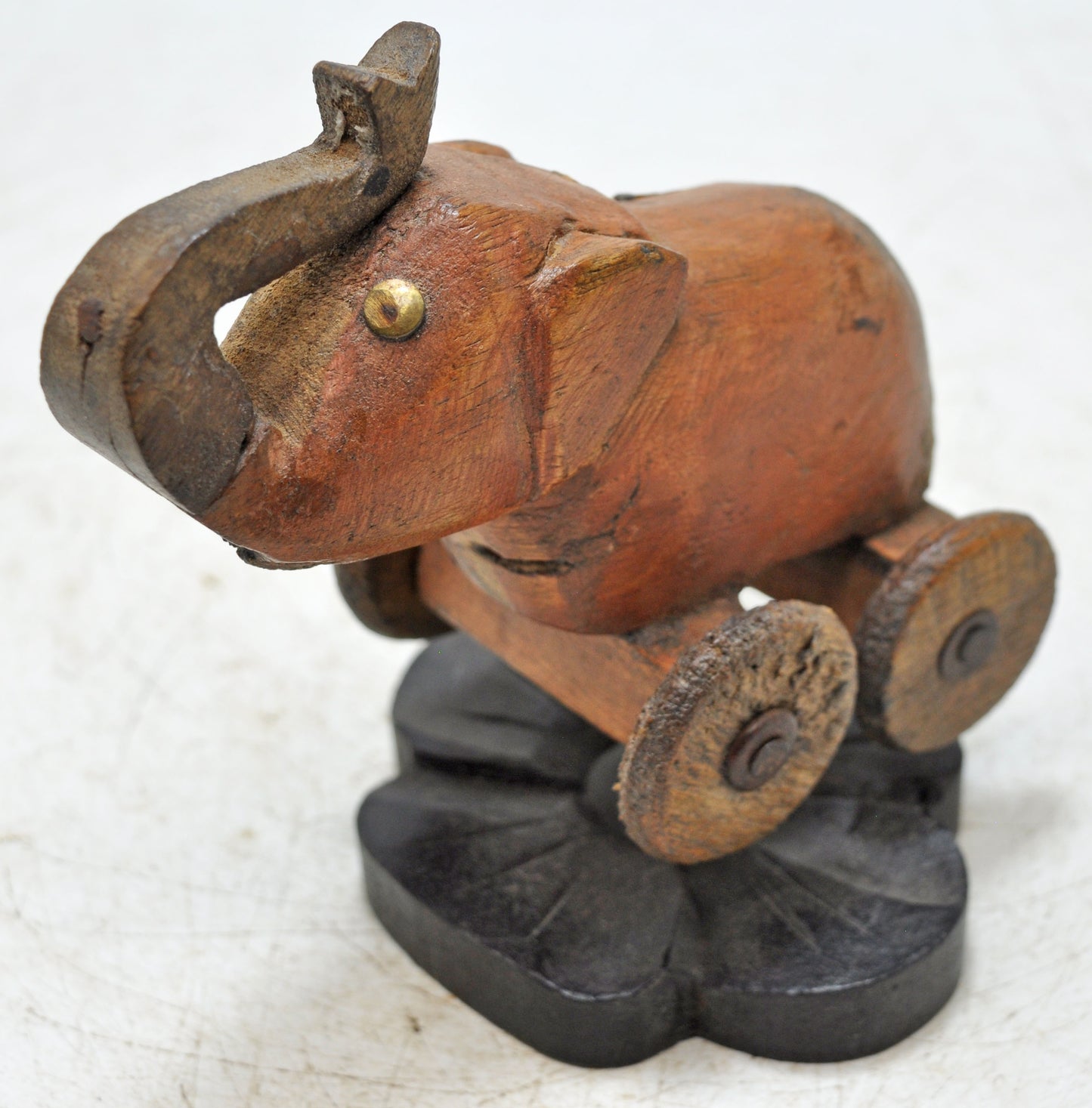Vintage Wooden Small Elephant on Wheels Figurine Original Old Hand Carved