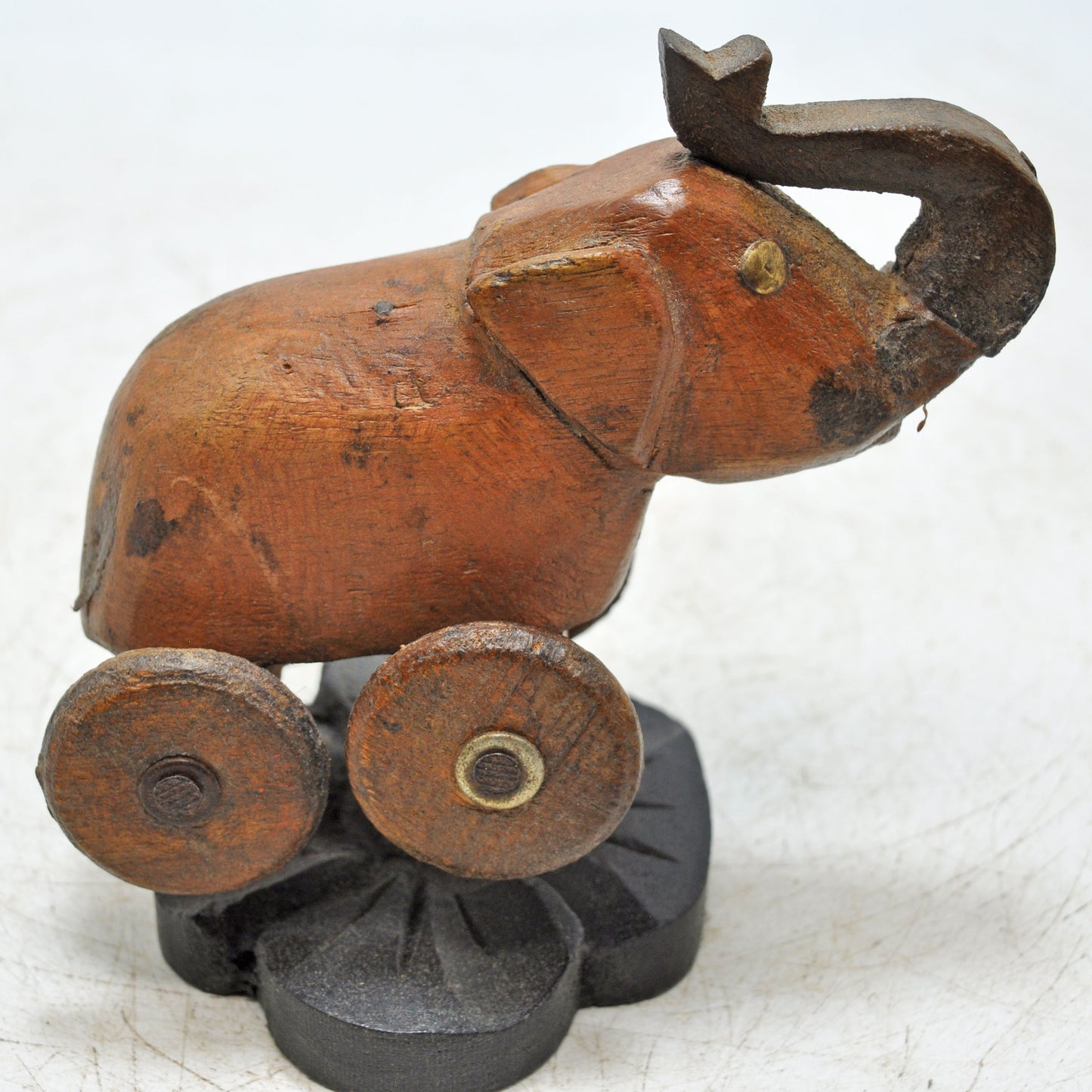 Vintage Wooden Small Elephant on Wheels Figurine Original Old Hand Carved