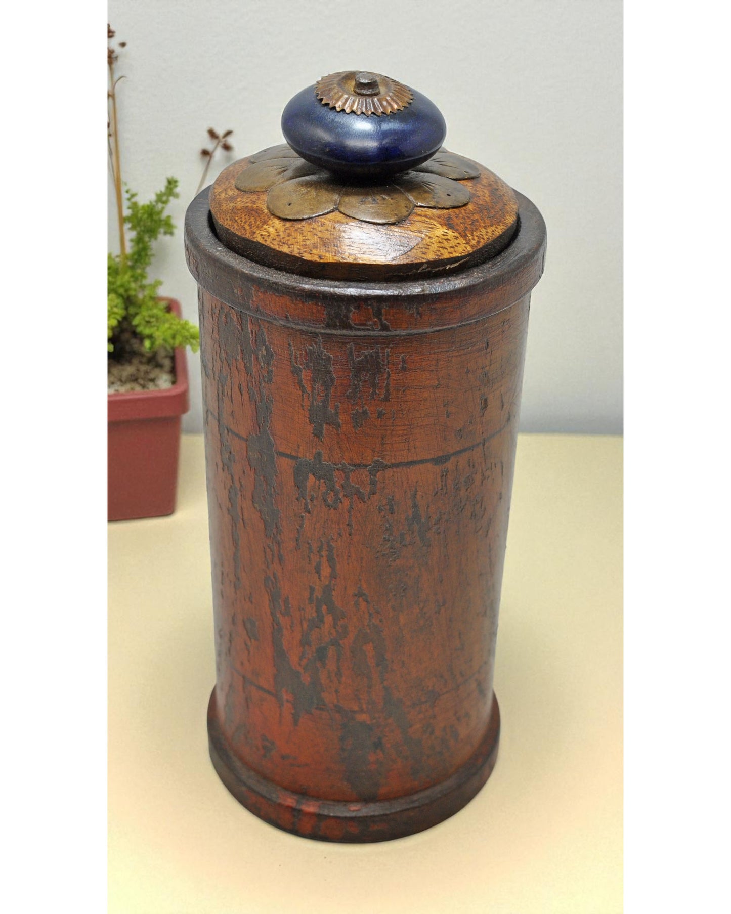 Antique Wooden Small Kum Kum Powder Tika Box Original Old Hand Carved