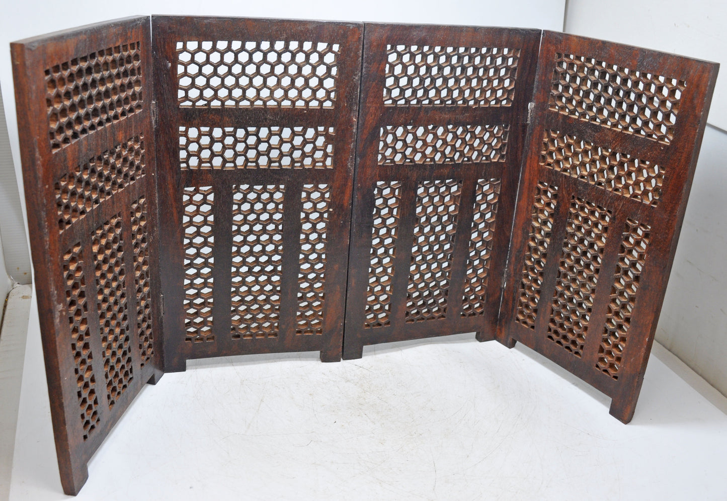 Vintage Wooden Short Desk Screen Original Old Fine Hand Carved Jali Design