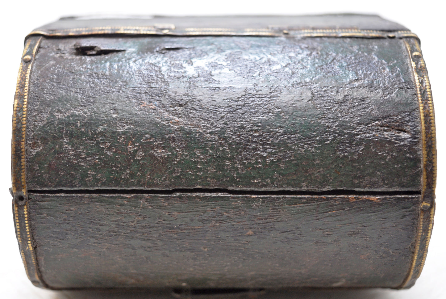 Vintage Wooden Small Half Round Top Jewelery Box Original Old Hand Crafted Brass Fitted