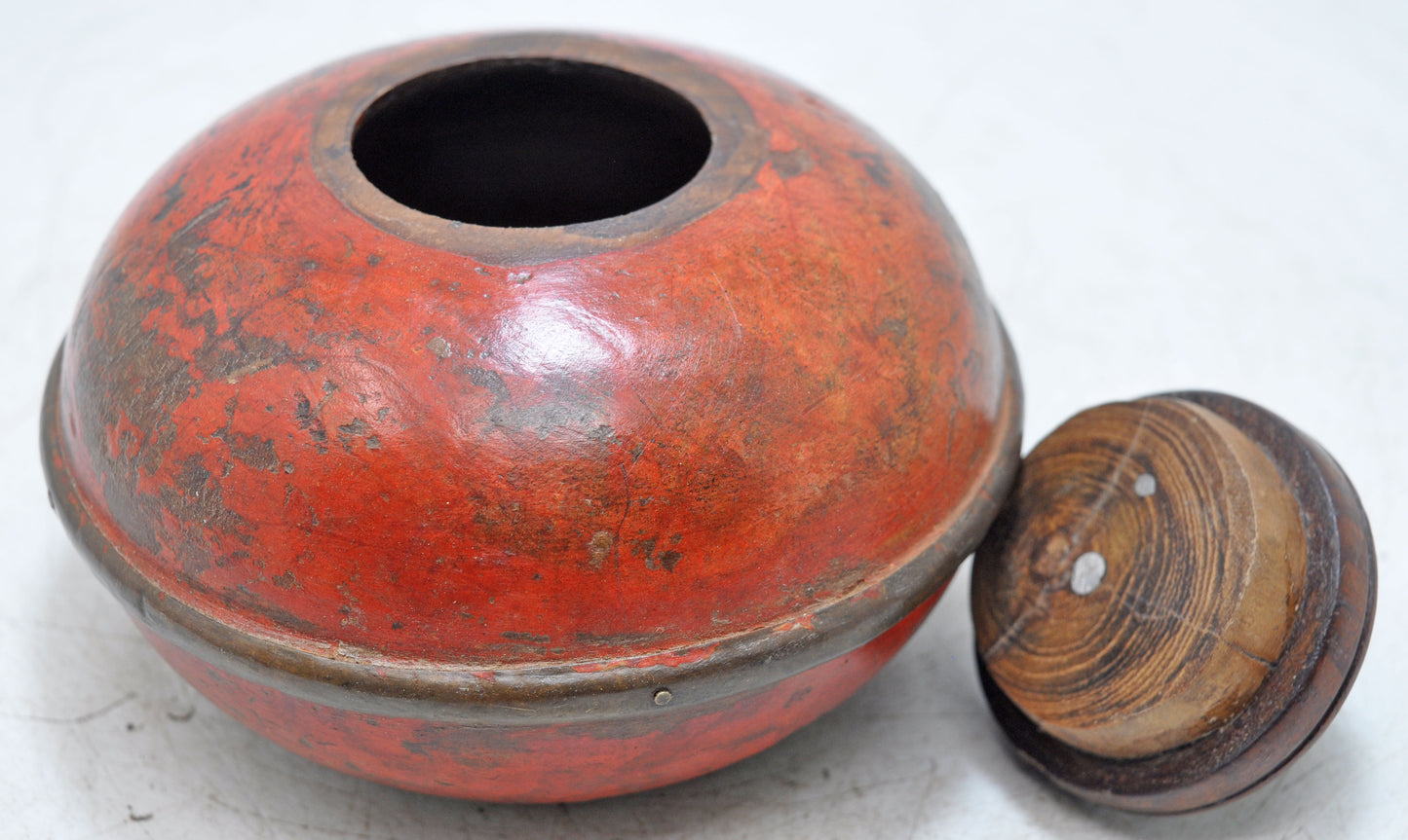 Antique Wooden Lacquer Painted Kum Kum Powder Tika Box Original Old Hand Carved