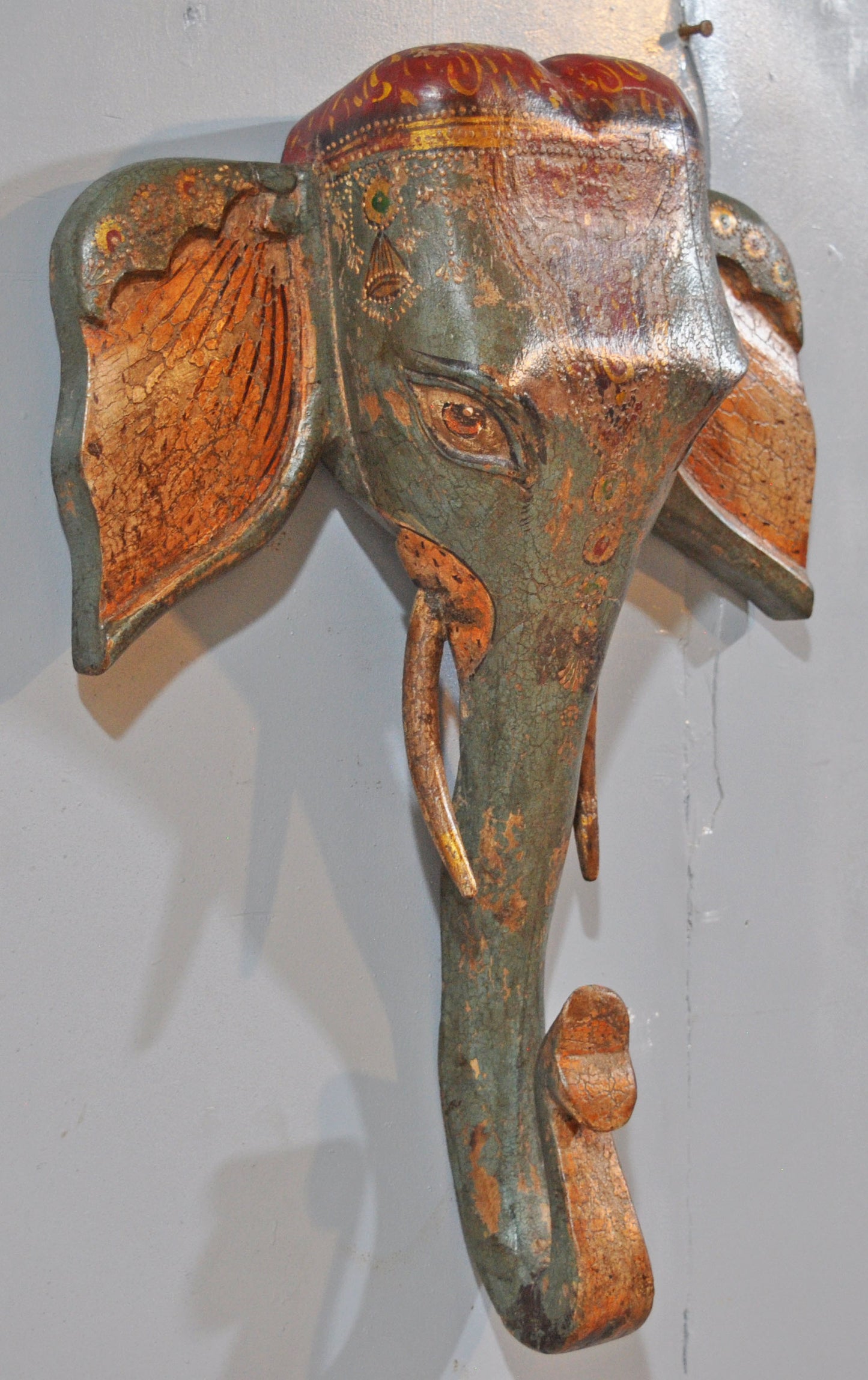 Vintage Wooden Wall Hanging Elephant Head Bust Figurine Fine Hand Carved Painted