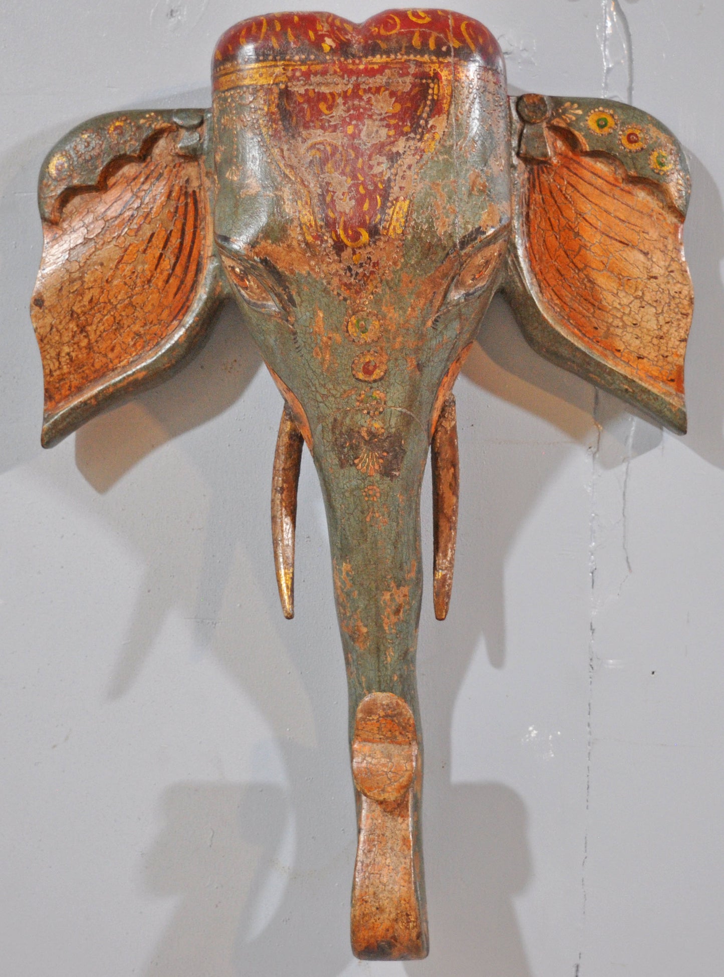Vintage Wooden Wall Hanging Elephant Head Bust Figurine Fine Hand Carved Painted