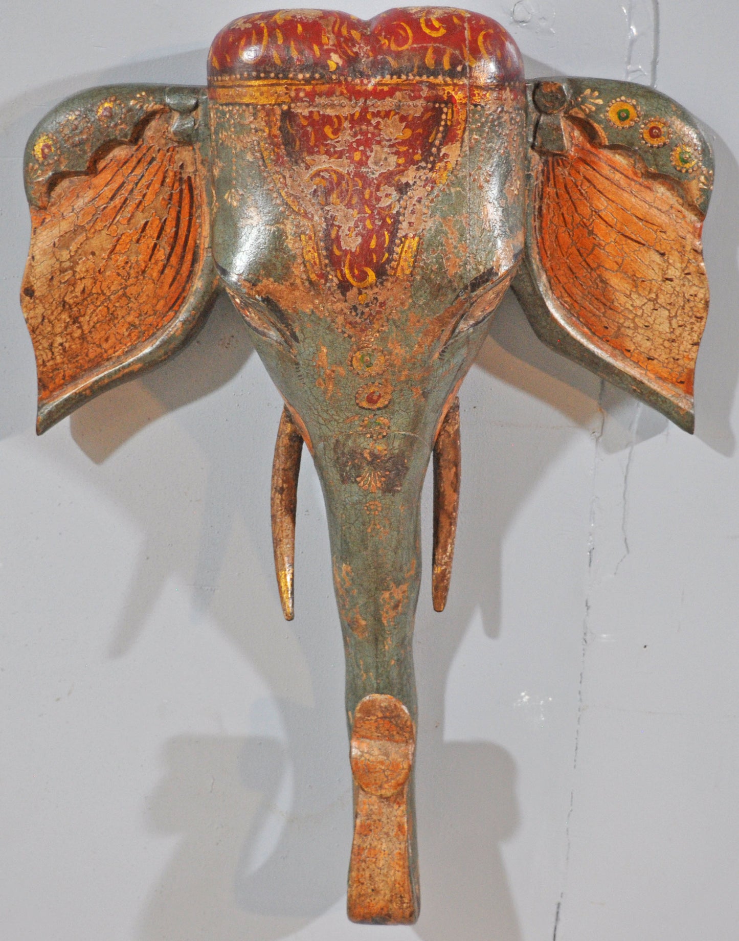 Vintage Wooden Wall Hanging Elephant Head Bust Figurine Fine Hand Carved Painted