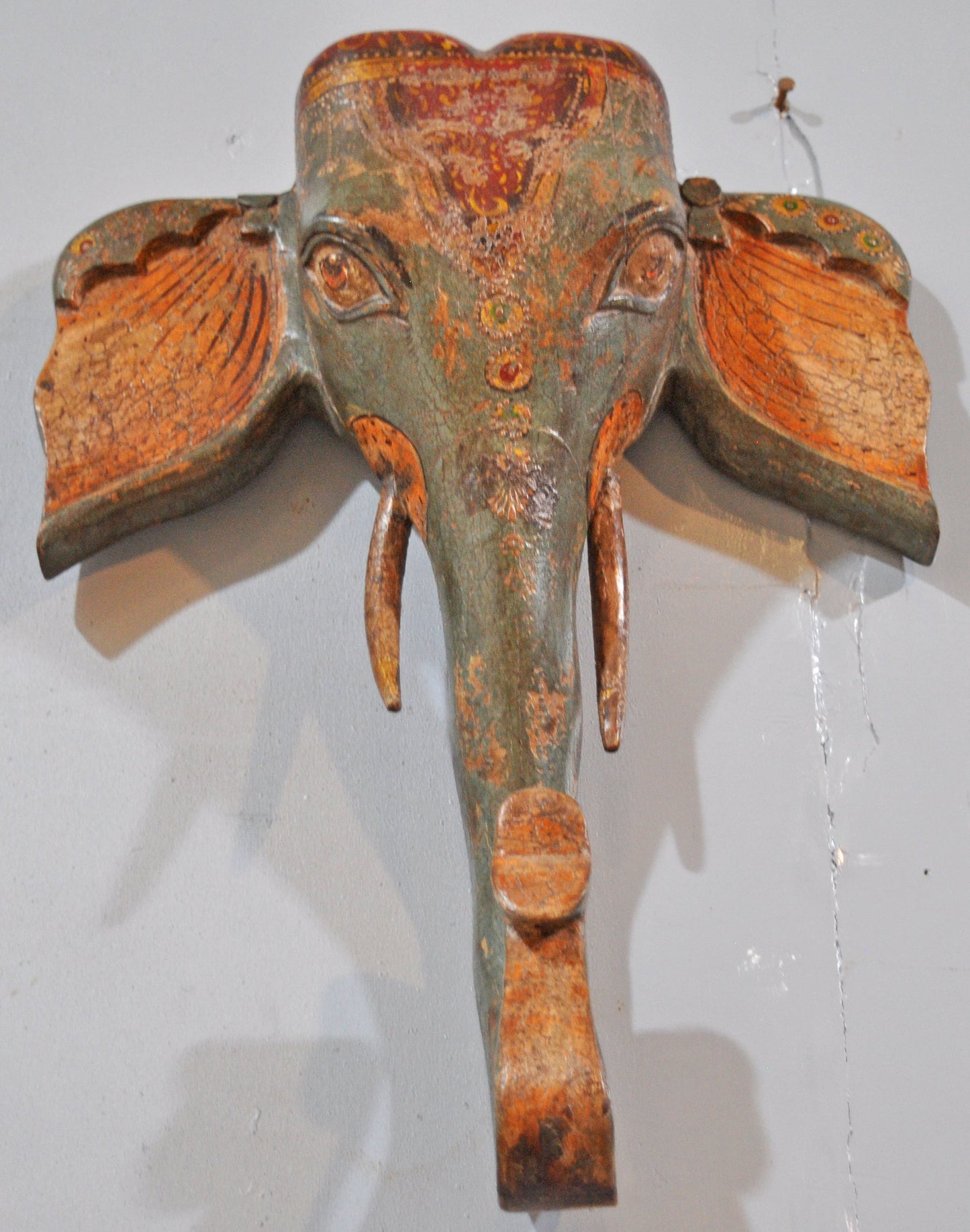 Vintage Wooden Wall Hanging Elephant Head Bust Figurine Fine Hand Carved Painted