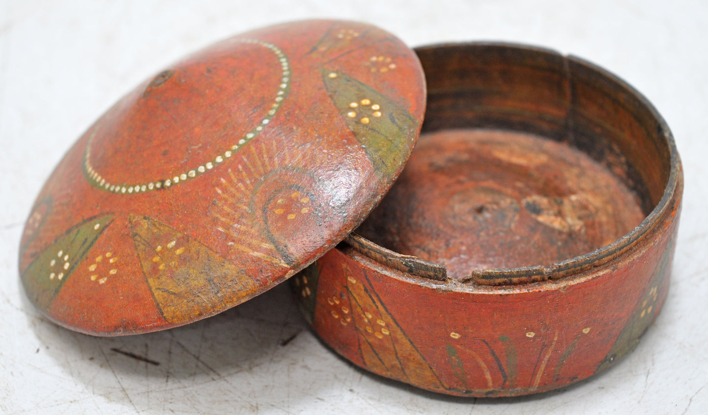 Antique Wooden Round Kum Kum Powder Tika Box Original Old Lacquer Painted