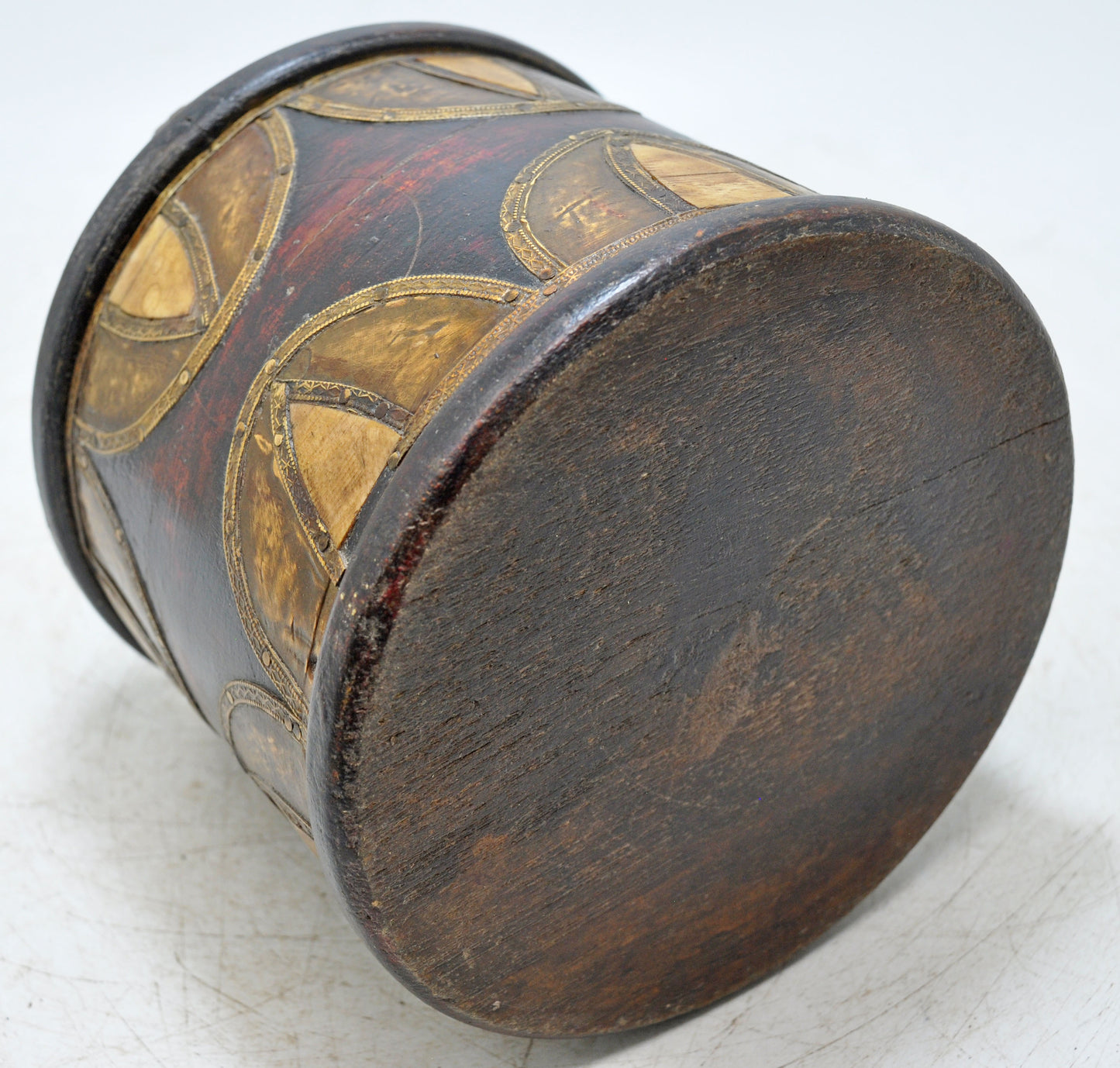 Vintage Wooden Bone Fitted Round Box Original Old Hand Crafted