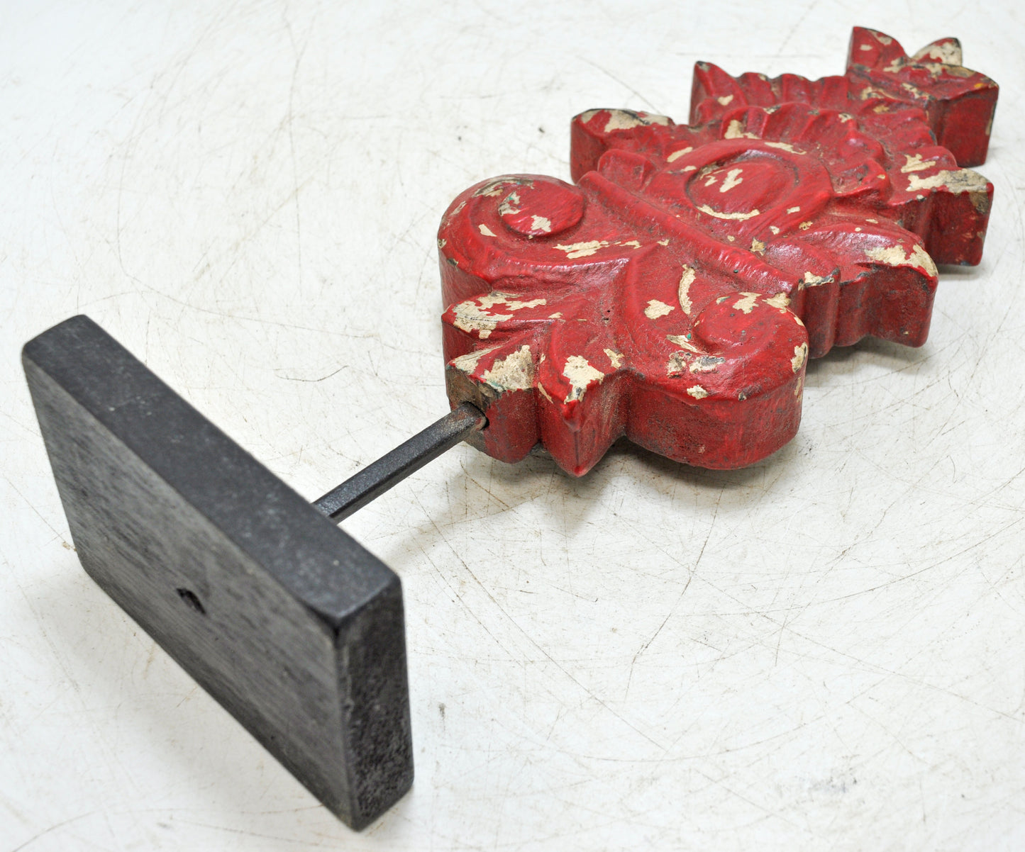 Hand Carved Wooden Flower Carving Panel Plaque on Stand Rustic Red Painted