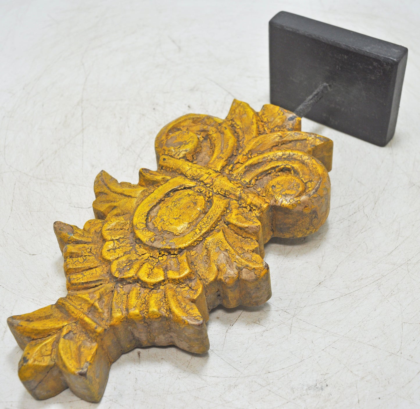 Hand Carved Wooden Flower Carving Panel Plaque on Stand Rustic Yellow Painted