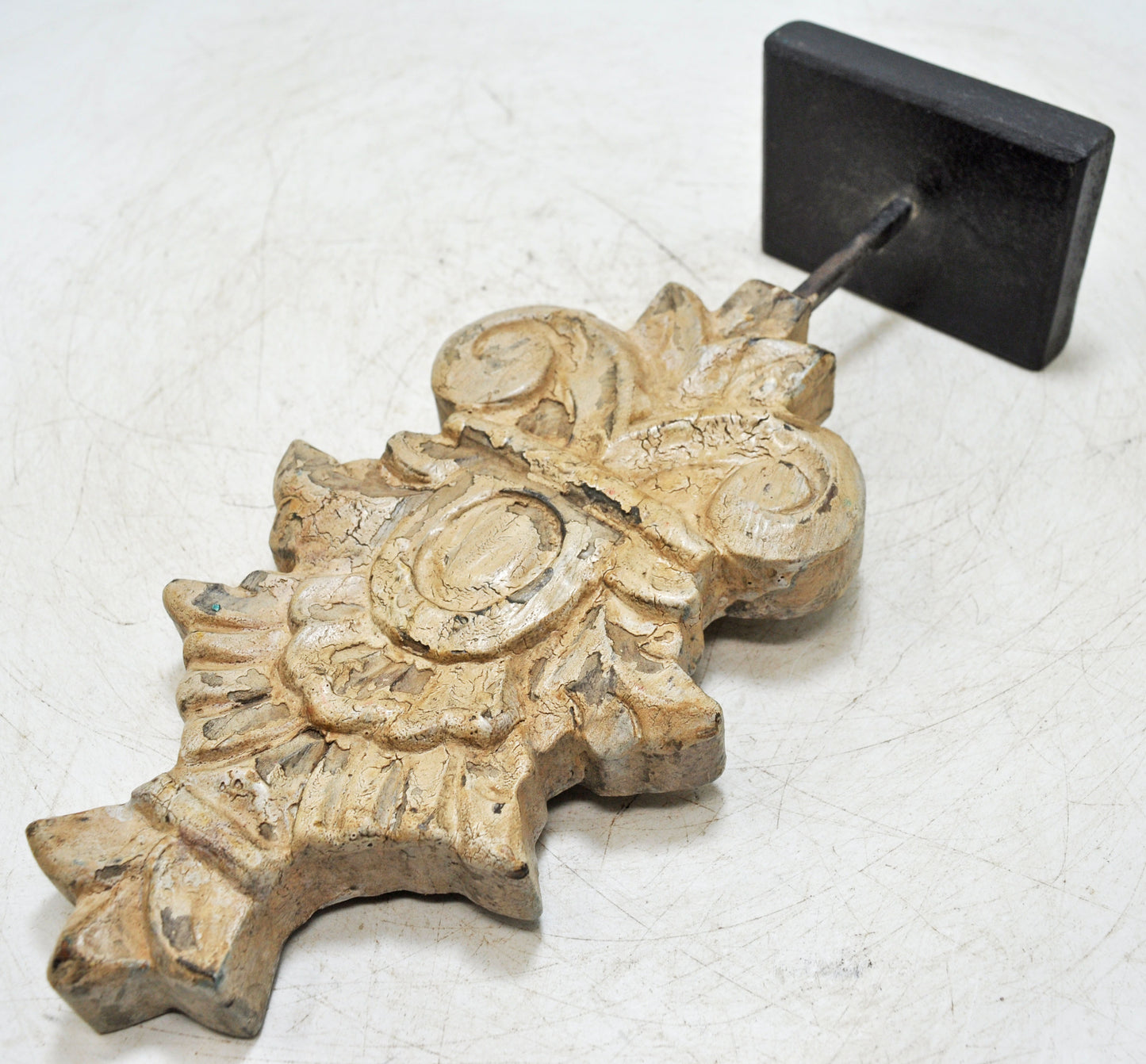 Hand Carved Wooden Flower Carving Panel Plaque on Stand Rustic White Painted