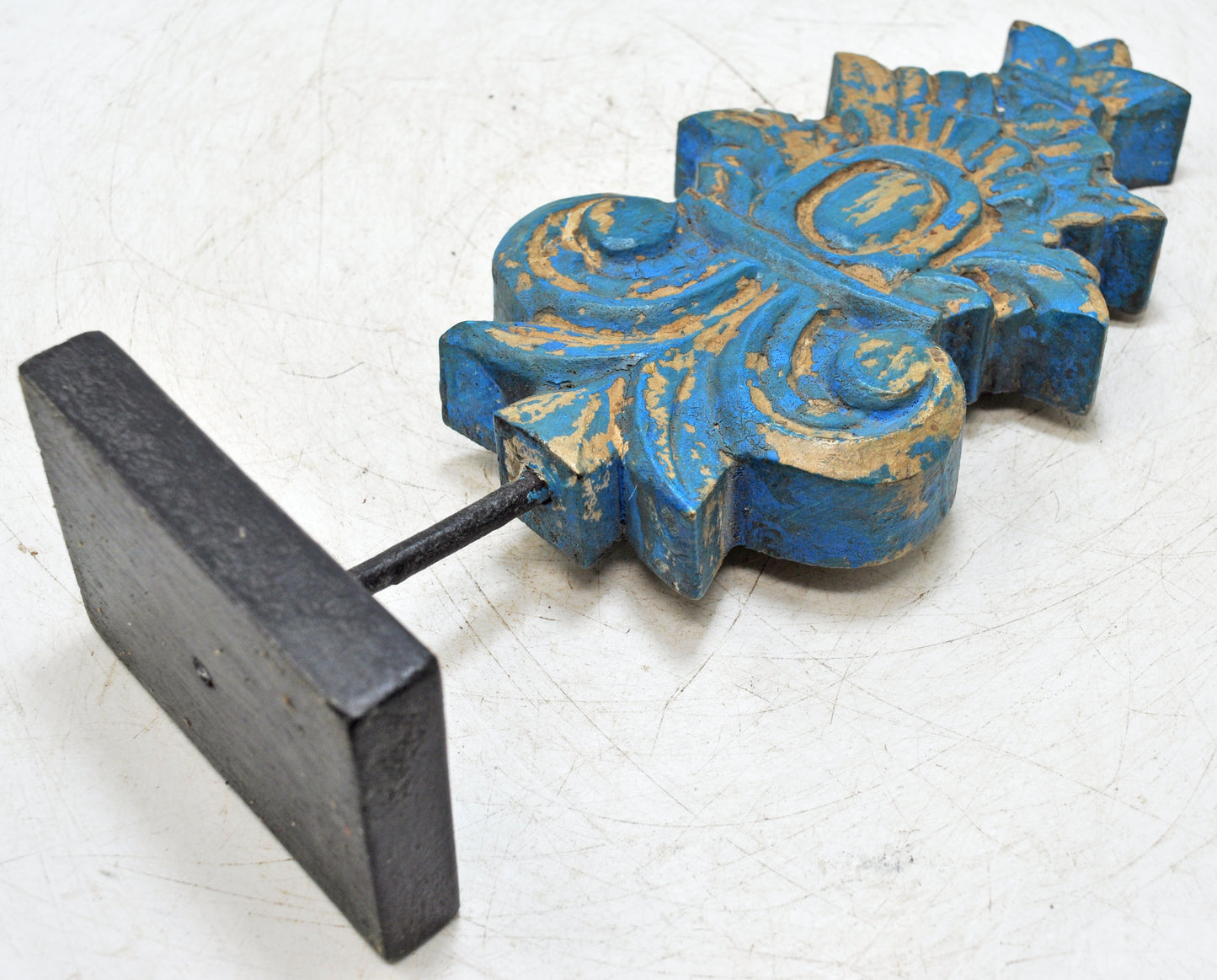 Hand Carved Wooden Flower Carving Panel Plaque on Stand Rustic Blue Painted