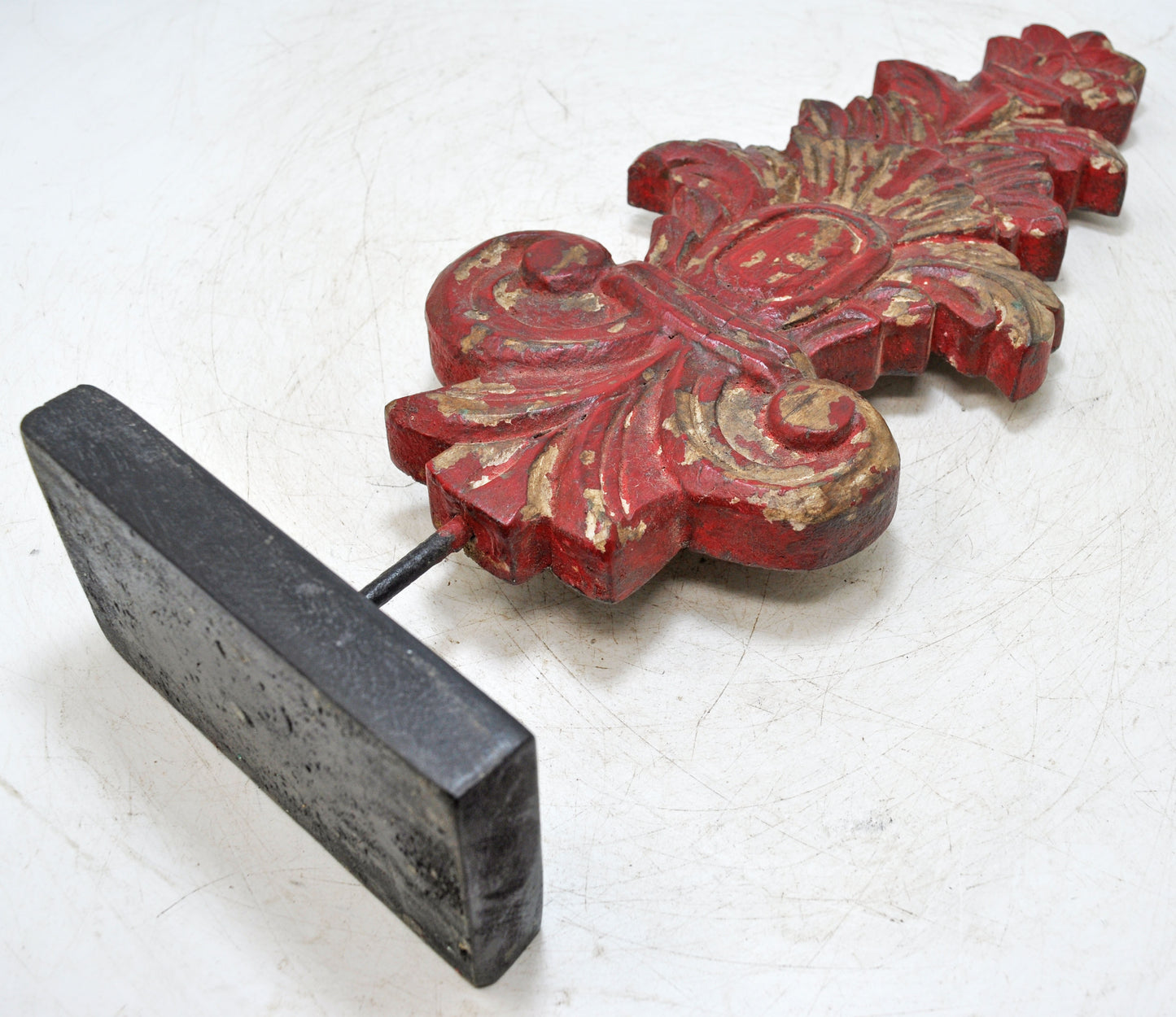 Hand Carved Wooden Flower Carving Panel Plaque on Stand Rustic Red Painted