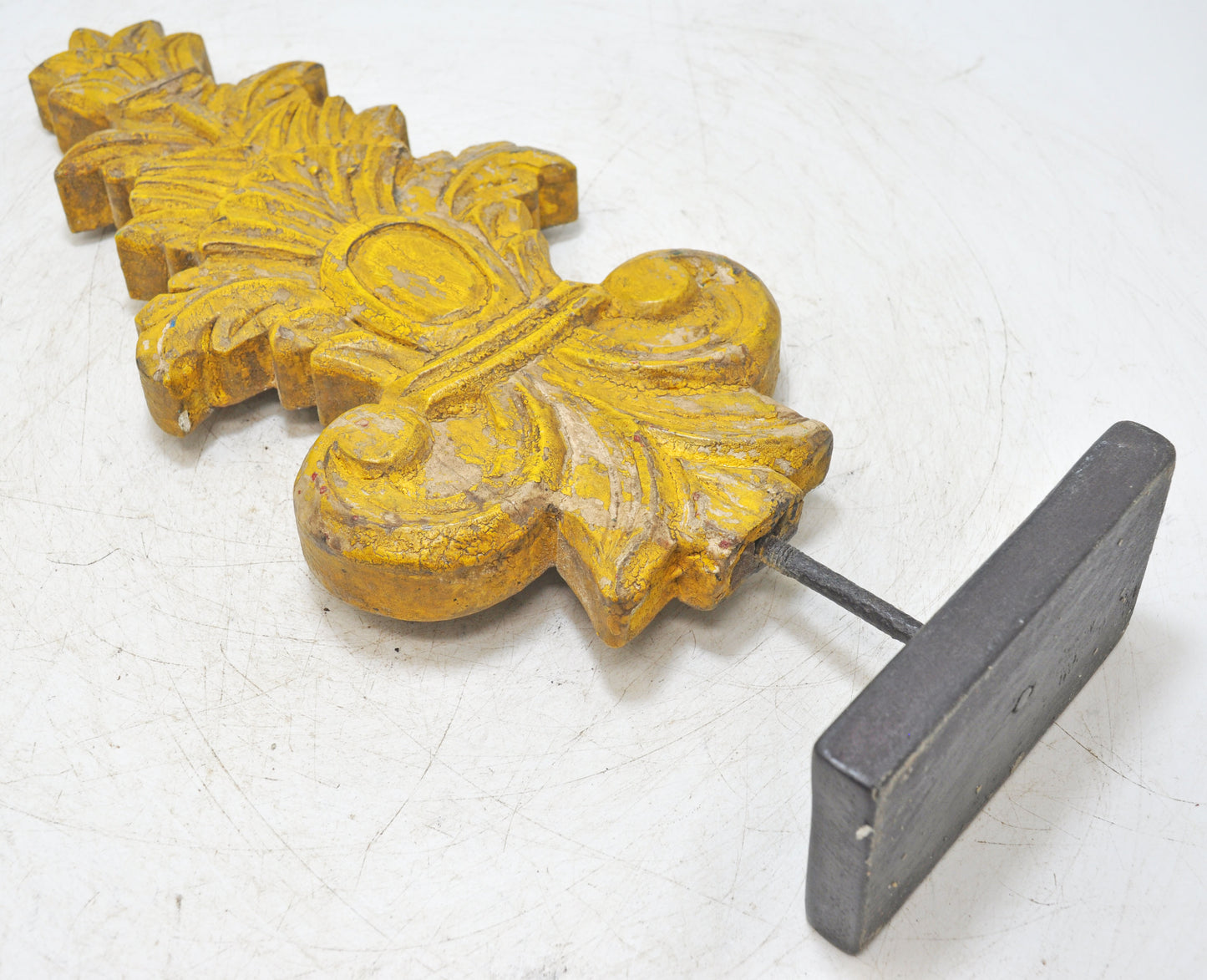 Hand Carved Wooden Flower Carving Panel Plaque on Stand Rustic Yellow Painted