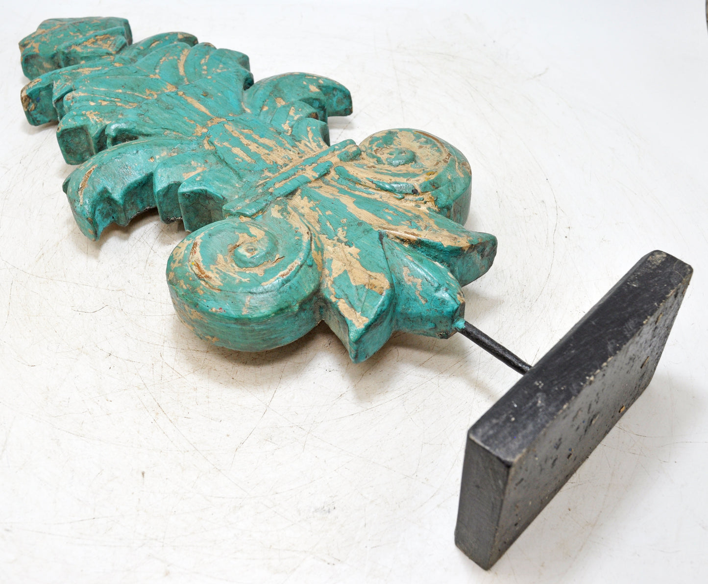 Hand Carved Wooden Flower Carving Panel Plaque on Stand Rustic Green Painted