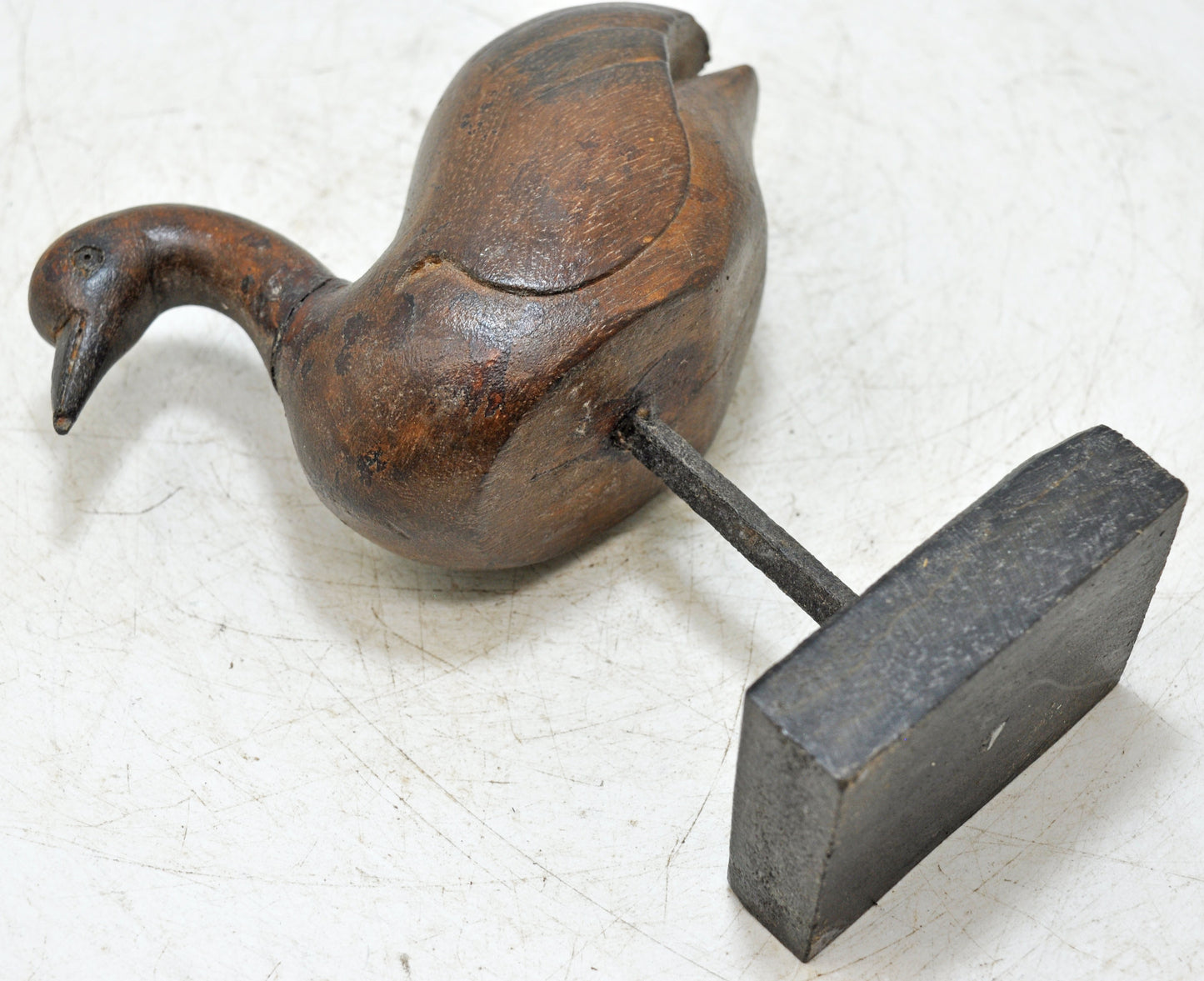 Vintage Wooden Duck Bird Figurine on Stand Original Old Hand Carved