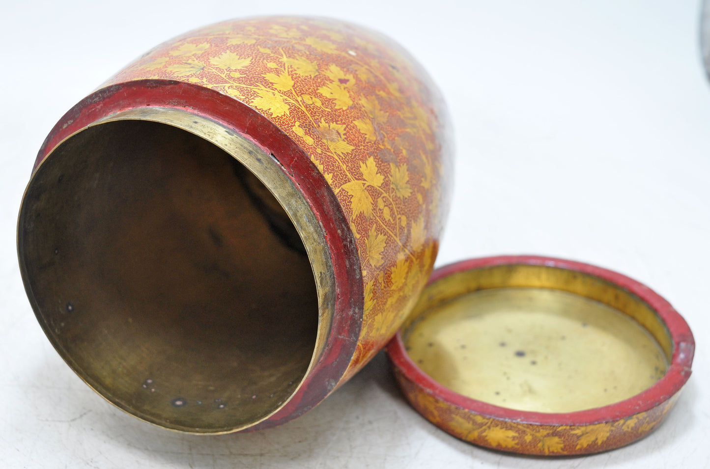 Antique Brass Wooden Oval Storage Box Original Old Hand Crafted Painted