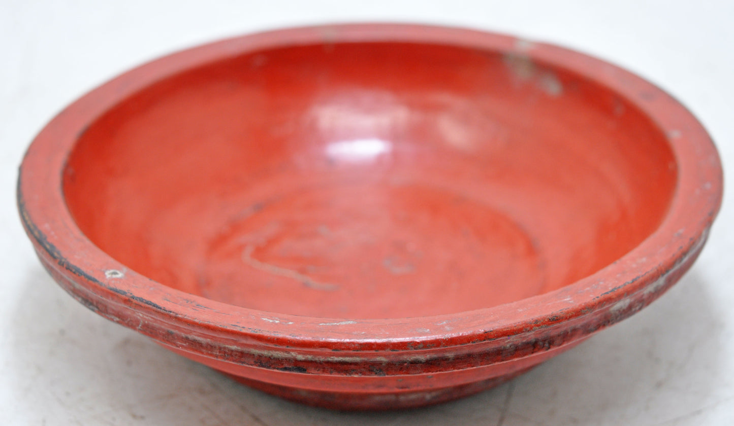 Antique Wooden Round Kitchenware Plate Original Old Hand Carved Lacquer Painted