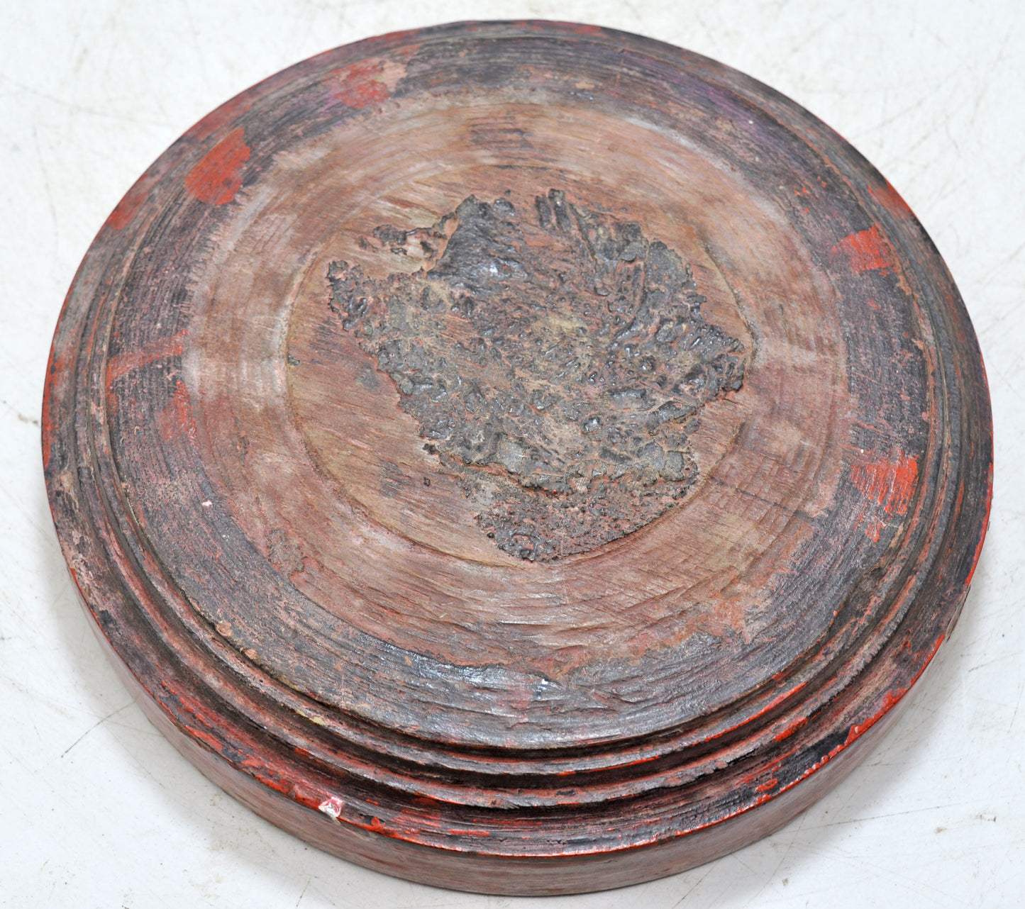 Antique Wooden Round Kitchenware Plate Original Old Hand Carved Lacquer Painted