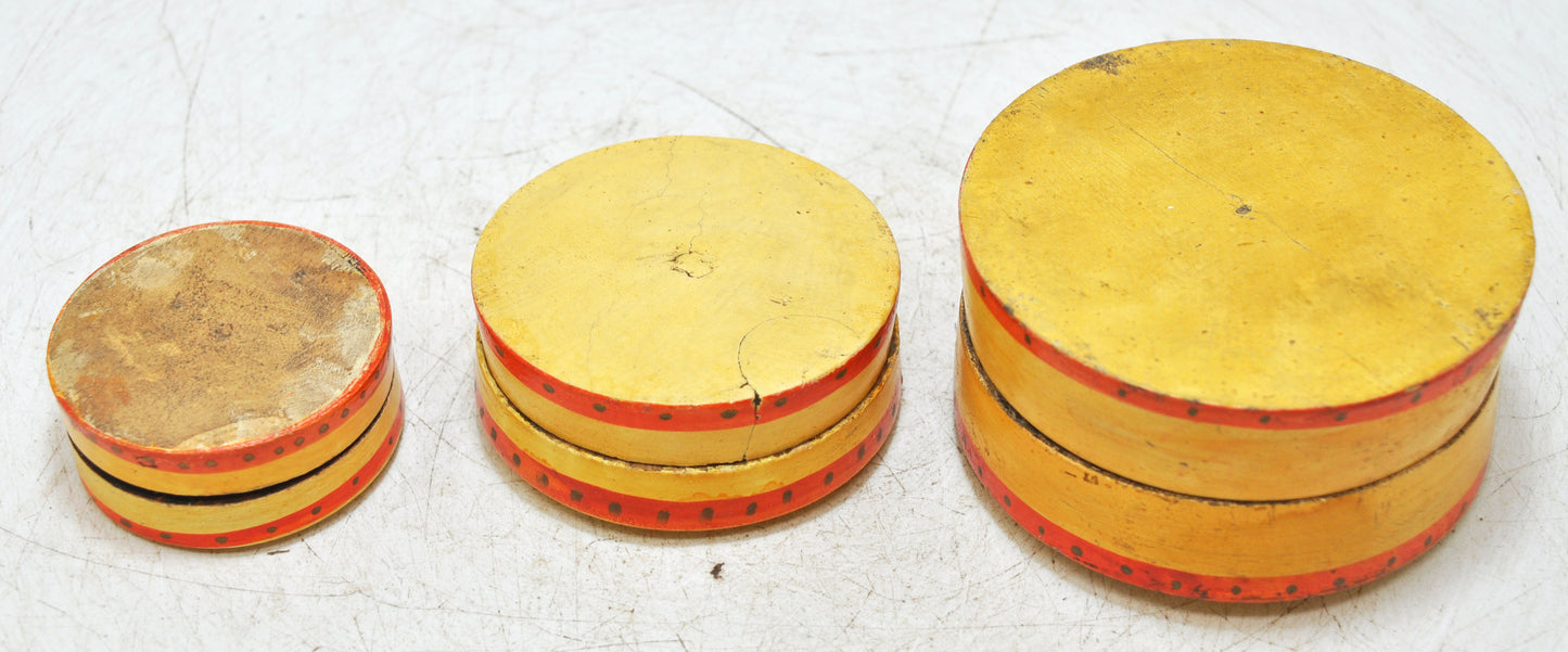 Vintage Wooden Set of 3 Round Boxes Original Old Hand Crafted Painted